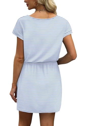 Image of OFEEFAN Summer Dresses for Women 2026 V Neck T Shirt Casual Mini Dresses Tie Waist Sundresses with Pockets