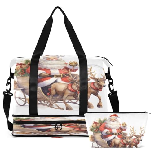 ALAZA Reindeer Animal Santa Claus Merry Christmas Duffel Bag with Shoe Compartment Tote Bag Weekender Overnight Bag with Wet Pocket for Travel,Gym,Yoga,Swimming2