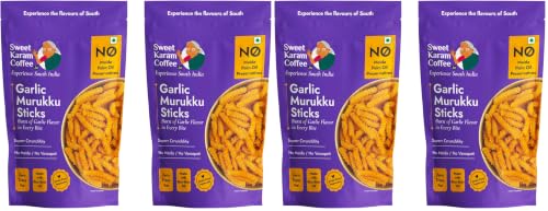 Image of SWEET KARAM COFFEE Garlic Murukku - 95G (Pack of 4)|No Palm Oil & Preservatives|Authentic South Indian Chakli|Crispy & Fresh Tea-Time Namkeen|Festive Snack|Homemade Recipe|Crunchy & Spicy Treat