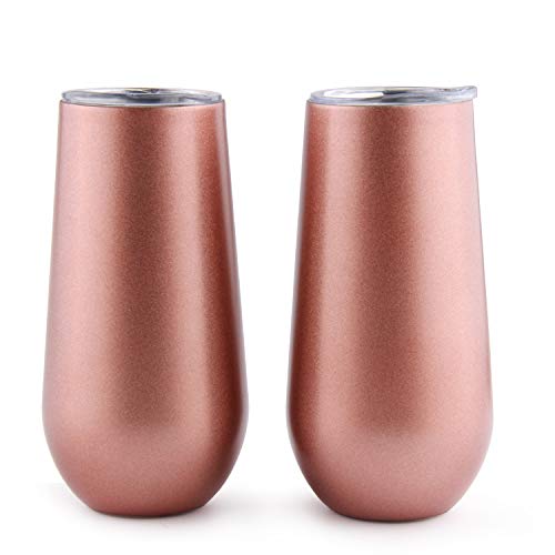 Sivaphe Champagne Flute 6 OZ Wine Glasses Tumbler Stainless Steel Double Walled Keep Cold Rose Gold Set of 2 Women Bridesmaids Wedding Gift for Camping Hiking