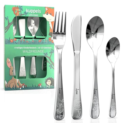 Kinderbesteck mit Namensgravur personalisiert – 4-teiliges Kinder Besteckset Edelstahl ab 4 Jahre – Individuelles Taufgeschenk für Mädchen & Jungen – Spülmaschinengeeignet (Waldfreunde)