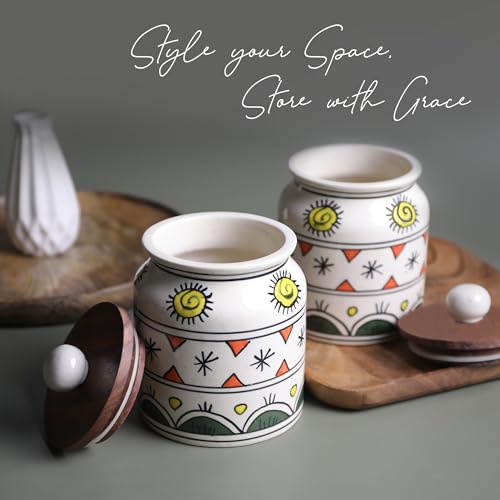Image of Ceramic Jar & Container for Kitchen Storage Set | Multi Utility Air Tight Kitchen Organizer Items | Tea Coffee Sugar Containers with Wooden Lids (Hand-Painted, 450 ML, Pack of 2)