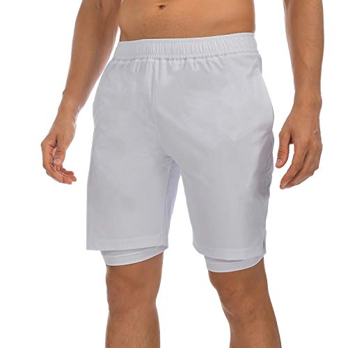 AITLGINVEN Men's 2 in 1 Running Athletic Shorts Gym Workout Shorts White M