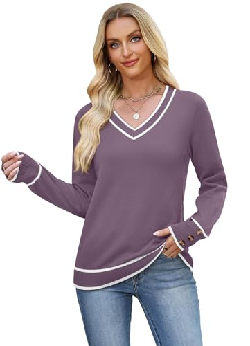 Image of WIHOLL Lightweight Sweaters for Women Long Sleeve V Neck Knit Outfits with Decorative Buttons