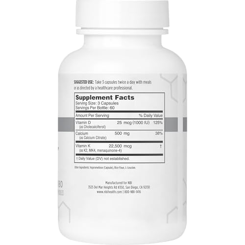 Image of NBI Osteo-K Bone Support | Vitamin D & K Complex with Calcium Citrate Supplement | 45mg Vitamin K2 (MK4) for Strong Bone Health & Function | 180ct Veggie Capsules