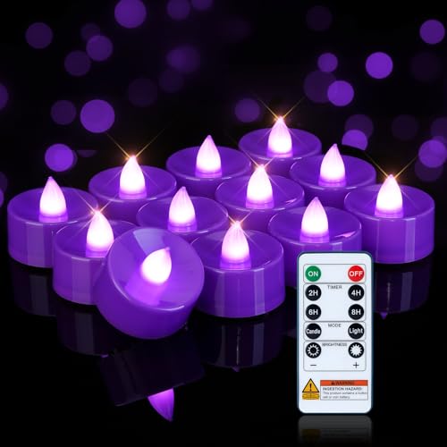 Image of Homemory 12-Pack Purple Remote Flameless Battery Tea Light Candles 400+ Hrs | 2 /4 /6 /8H Timer LED Flickering Tealight Votives for Party Ambience, Halloween Decor, Memorials and Lavender Weddings