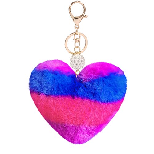 Image of Women's Heart Faux Fur Pom Pom Key Chains Bag Accessory Puffball Keyring Backpack Charms for Girls