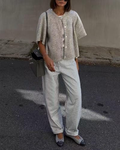 Sumleno Womens Ribbed Knit Cardigan Y2k Crop Top Short Sleeve Button Down Open Front Sweater Loose Casual Cardigan4