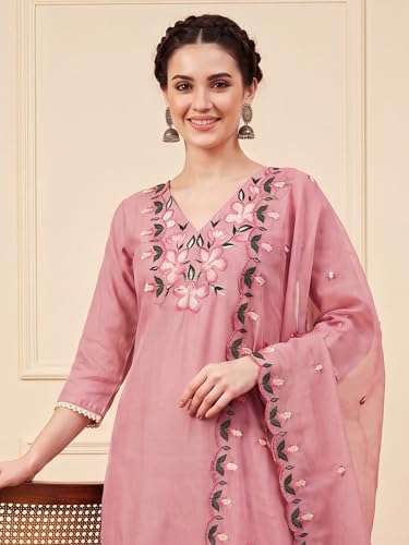 Image of INDO ERA Women's Cotton Blend Solid Straight Kurta Palazzo With Dupatta Set
