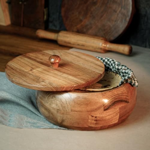 Image of Sanjeev Kapoor By OGGN Acacia Wood 9 x 9 x 4 Inch, Casserole for Roti Hot Case | Wooden Roti Box | Hot Case Casserole | Big Chapati Storage Box for Home & Kitchen - Premium Wood Elegant Design