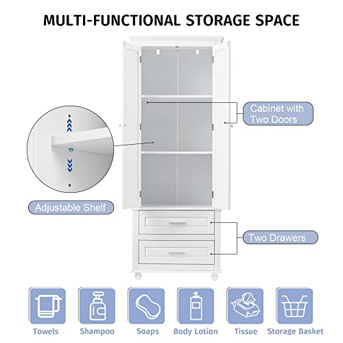 Merax, White Storage Cabinet With Doors And2 Drawers, Open Bookcase, Pantry Cupboard, Freestanding Organizer Display For Bathroom, Kitchen, Office #TOP4