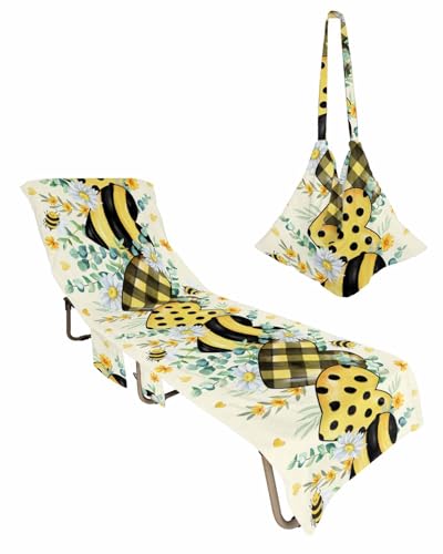 Bee Love Heart Beach Chair Towel Covers for Chaise Lounge with Side Pocket, Soft Plush Pool Towels Cover for Patio Sunbathing Outdoor Yellow Spring Floral Green Eucalyptus Plaid 29''x85''