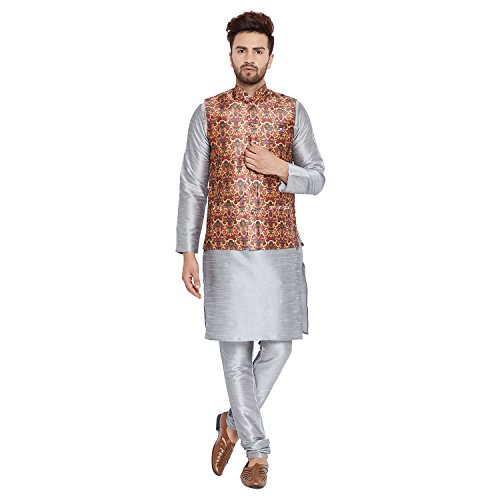 Image of SOJANYA (Since 1958, Men's Silk Grey Kurta Pyjama & Maroon Printed Nehru Jacket Set, Size: XXL(SJR-092-NJacket-Print-515-44)