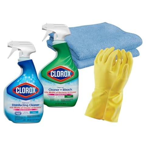Aserson Сlean-Up Cleaner with Bleach, Fresh Scent, 32 Fl Oz, Disinfecting Bathroom Cleaner, Original Scent, 30 Fl Oz, Bundle with Latex Gloves and 2 Microfiber Cleaning Cloths Cover