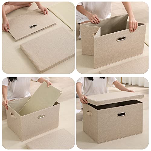 Image of HOKIPO Polyester Linen Multipurpose Storage Box With Lid For Wardrobe, Home And office, Beige, Large, Pack of 2 (Ar-4369-L*2) Rectangular