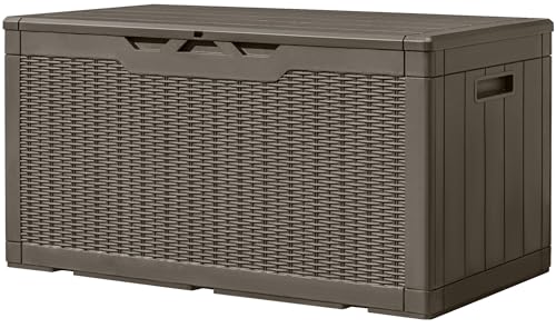 Image of Greesum 100 Gallon Resin Deck Box Large Outdoor Storage, Imitation Rattan Weave Texture for Patio Furniture, Garden Tools, Pool Supplies, Weatherproof and UV Resistant, Lockable, Light Coffee