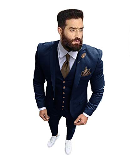 Men's Slim Fit 3 Piece Suit Dinner Tuxedo Wedding Blazer Jackets Vest&Trousers Navy Blue