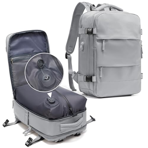 coowoz Vacuum Backpack Travel with Pump,Travel Backpack with Vacuum System For Women Men,Carry On Backpack,Hiking Backpack Waterproof Outdoor Sports Rucksack Casual Daypack,25L(Built-in Pump),Grey