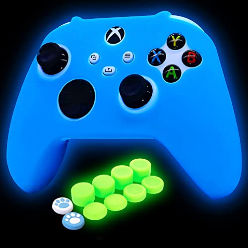 HLRAO Coque en Silicone Bleu pour Manette Xbox Series X/S phosphorescente en Caoutchouc Souple antidérapant avec 8 Capuchons phosphorescents + 2 Capuchons...