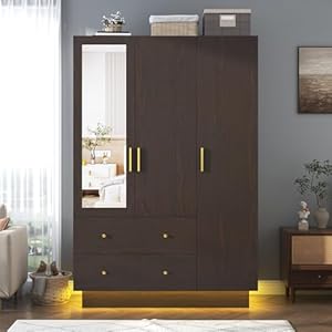 3 Doors Armoire Wardrobe Closet with Mirror, LED Armoire with Doors and Drawers, Wooden Wardrobe Storage Cabinet with Hanging Rod, Adjustable Shelves, Brown