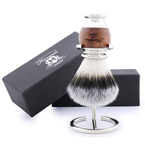 Haryali London Brocha de afeitar, juego de brochas de afeitar sostenible, brocha de afeitar de madera y acero inoxidable, brocha de afeitar sintética, soporte de acero inoxidable