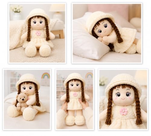 Image of Soft Plush Girl Doll, Cream, Ultra-Soft Fabric with PP Cotton Filling, 40 CM, Cuddly Toy for Kids, Birthdays and Special Occasions