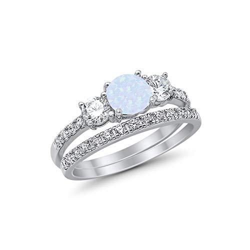 3-Stone Wedding Bridal Set Ring Band Round Created Opal CZ 925 Sterling Silver, Size-8