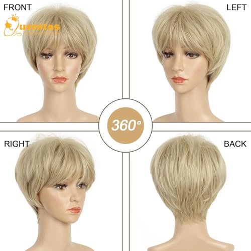 Image of QUEENTAS 8 Inch Pixie Cut Layered Short Blonde Wigs for Women with Bangs, Light Golden Blonde Synthetic Hair Wig for Daily Commute, Running & Cosplay (Light Golden Blonde)