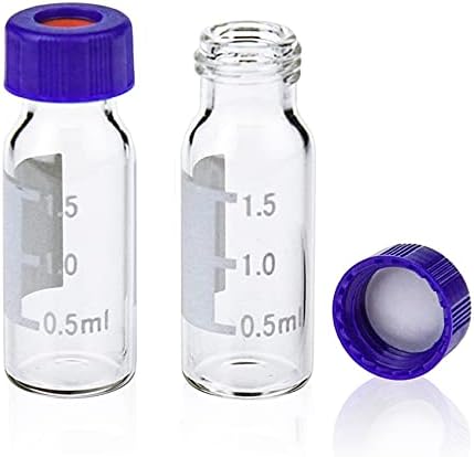 PEKYBIO 2ml Autosampler Vial, 9-425 HPLC Vial with Writing Area and Graduation, Clear Sample Vial and 9mm Blue Screw Cap with Hole, White PTFE&Red Silicone Septa, 100 of Pack