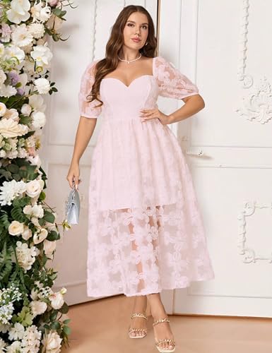 Image of EYWOL Formal Wedding Guest Cocktail Party Floral Embroidered Dress M-3XL | Embroidered,Floral,Sheer A-Line,Maxi,Sweetheart Neckline,Puff Sleeves,Tie Back, Parties,Wedding,Formal,Cocktail,Occasions