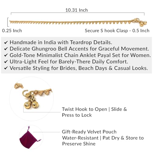 Image of Duel On Jewel Gold Payal Set for Women, Indian Paayal Jhanjar Chain Anklets with Bell Detail, Foot Jewelry Pair, 10 Inch Comfort Fit, Traditional & Dainty Styles for Wedding Beach Everyday Gift