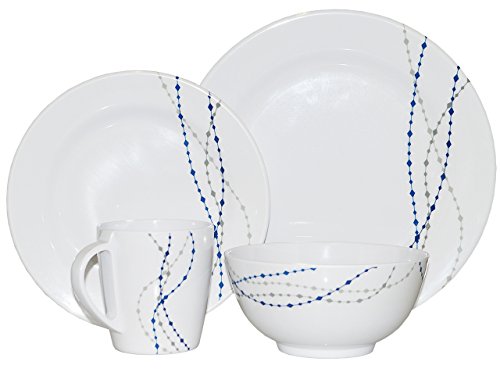 Hekers Line White/Blue Round 8 Piece Melamine Tableware Set for 2 People Camping Outdoor Garden Camping Tableware Set Picnic