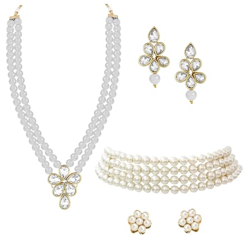 Image of Peora Crystal Faux Pearl Kundan Necklace & Jewellery Set Gift for Women