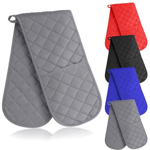 Tecunite TU-TECUNITE-11363729 4 Pcs Double Oven Mitt Double Chef Kitchen Cooking Heat Resistant Gloves Potholders Modern Oven Gloves Cotton Black Blue Red Gray Kitchen Oven Mitts Set cover