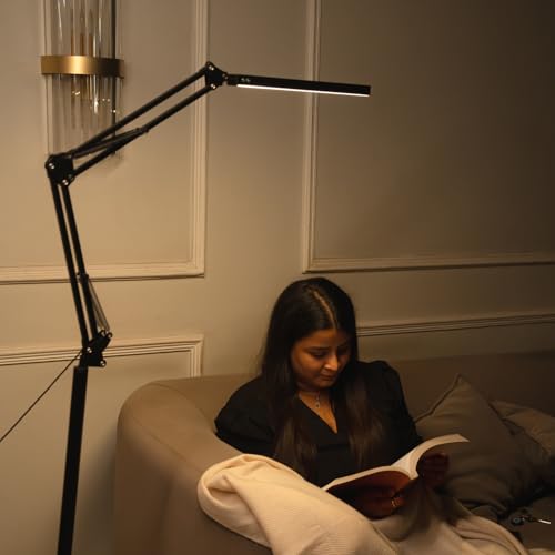 Image of NYRWANA Adjustable LED Floor Lamp for Living Room | Swing Arm Desk Light with Stable Metal Base | 3-Level Color Control LED | Eye-Care Work Lamp for Home, Office, Craft & Study (Black)