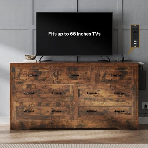DWVO Farmhouse 7 Drawer Dresser for Bedroom, 60 Inch Large Modern Dresser TV Stand with Drawers & Bar Handles, Storage Dressers with Power Outlets, Rustic Wood Chest of Drawers, Rustic Brown Upgraged