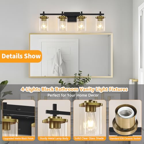 4-Lights-Black-and-Gold-Bathroom-Vanity-Light-Modern-Bathroom-Wall-Sconces-Lighting-with-Clear-Glass-Shade-Gold-Vanity-Lights-for-Bathroom-Bedroom-Living-Room-Porch 4 Lights Black and Gold Bathroom Vanity Light Modern Bathroom Wall Sconces Lighting with Clear Glass Shade Gold Vanity Lights for Bathroom Bedroom Living Room Porch