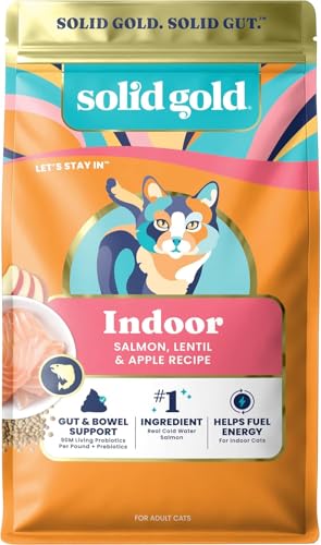 Solid Gold Indoor Dry Cat Food - Grain Free & Gluten Free - Salmon Cat Food Dry Kibble for Indoor Cats w/Probiotics & Fiber for Gut Health - Sensitive Stomach & Hairball Support for Adult Cats - 3LB