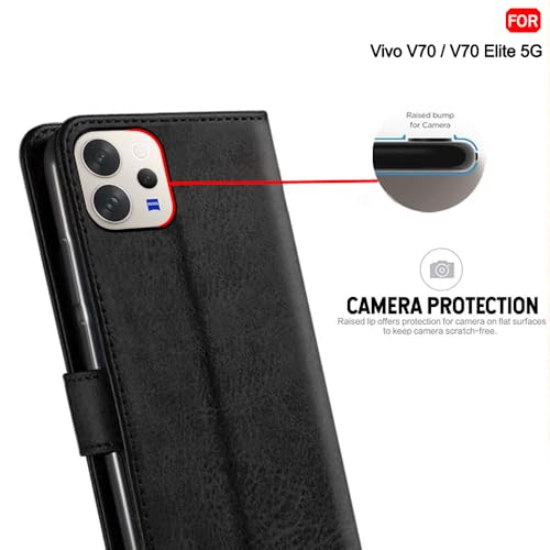 Image of TheGiftKart Genuine Leather Finish Flip Back Cover Case for Vivo V70 5G / V70 Elite 5G | Inbuilt Pockets & Stand | Wallet Style | Designer Button Magnet Flip Back Cover Case (Faux Leather, Black)