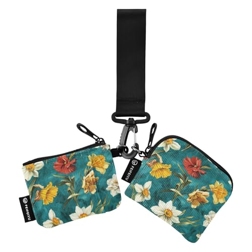 Carteras de colores verde azulado para mujer, tarjeteros, monedero minimalista con llavero para hombres y mujeres, 2 piezas, Flores coloridas verde azulado, 1 size