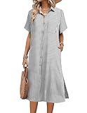 HOTOUCH Womens Causal Loose Midi Dresses Summer Short Sleeve Linen V Neck Dress Button Down Cover Up Comft Dress Black Stripe