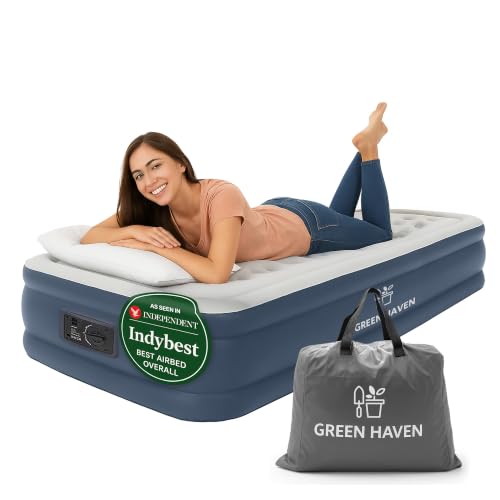 Green Haven Raised Single Air Bed with Built-in Electric Pump Self-Inflating Blow-Up Mattress with Storage Bag Waterproof & Durable Camping Air Mattress for Indoor & Outdoor Use