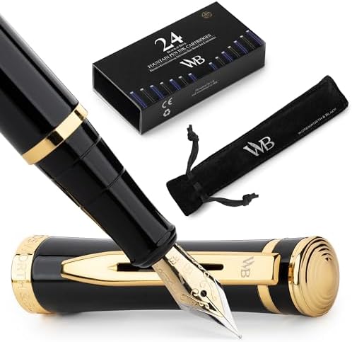 Wordsworth and Black Fountain Pen [Black Gold]- Luxury Medium Nib Fountain Pen Set Includes 24 Ink Cartridges [Black & Blue], Refillable Fountain Pen Ink Converter - Pens for Writing or Calligraphy