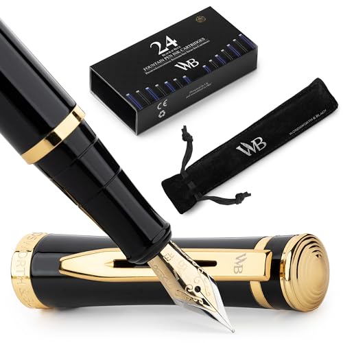 Image of Wordsworth & Black Fountain Pen Set for Writing, Extra Fine Nib, Black | Gift for Men & Women, Brass Body, 18K German Iridium, Calligraphy, Converter + 24 Ink Cartridges, Refillable, Leak-Free