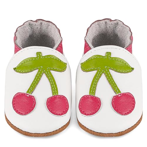LACOFIA Zapatos de Cuero Suave para Bebé Zapatos Primeros Pasos Calzado Bebé Niña Pantuflas con Suela Blanda Antideslizante Cerezo Blanco 12-18 Meses