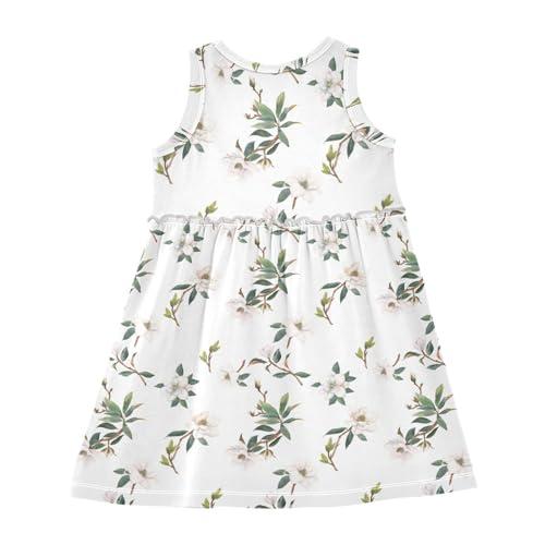 Magnolia White Flowers Girls Casual Dress Cotton Summer Clothes for Kids 2T-8Y2