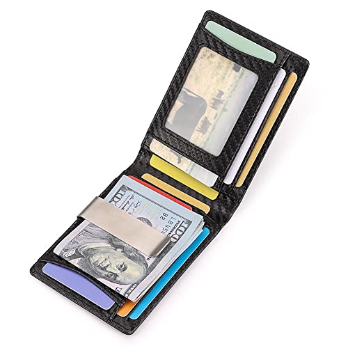 Genuine Leather Wallet for Men with Airtag Holder RFID Blocking Slim Bifold Design Front Pocket Wallet with GPS Tracker Accessories (Carbon Fiber Black)2