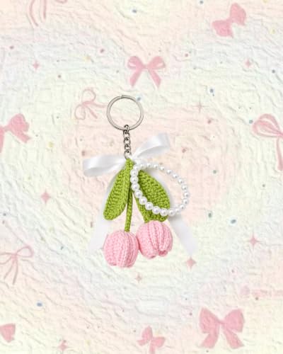 Image of Handmade Crochet Tulip Keychain with Pearl String - Cute Floral Bag Charm & Aesthetic Purse Pendant, Knitted Flower Keyring Accessory Gift for Girls & Women