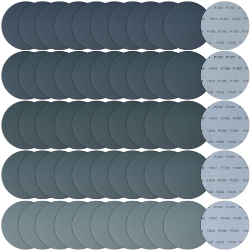Disques Papier Abrasifs 150mm Autoagrippant, Rond Papier de Verre Grain 1000 1500 2000 3000 5000, 50 Pièces Grille Papier a Poncer pour Auto, Mastic,...
