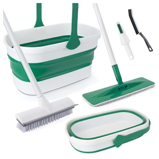Mop and Bucket Set with Scrub Brush for Floor Cleaning, Flat Microfiber Mop and Foldable Bucket with Grout Brush and 52'' Long Handle Scrubber Broom for Shower, Bathroom, Deck, Patio, Garage